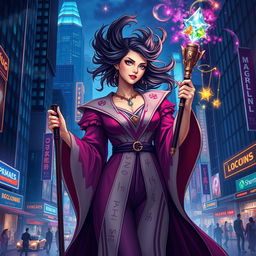 A female wizard in a vibrant urban cityscape, capturing the essence of modern magic
