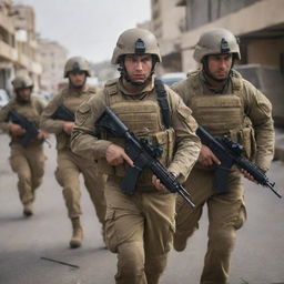 A unit of Israeli soldiers in full combat gear, stern faces under helmets, weapons at the ready, against a backdrop of an urban environment.