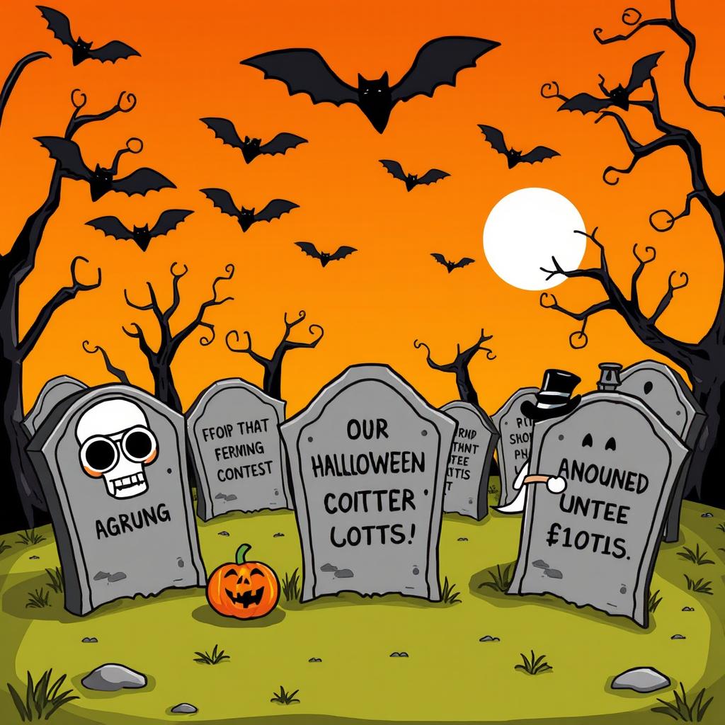 A whimsical cemetery scene featuring humoristic tombstones with funny epitaphs