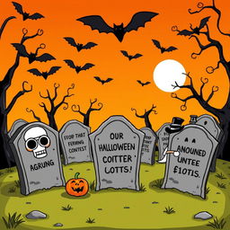 A whimsical cemetery scene featuring humoristic tombstones with funny epitaphs