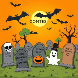 A whimsical cemetery scene featuring humoristic tombstones with funny epitaphs