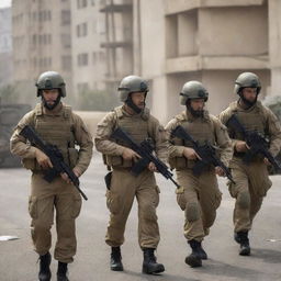 A unit of Israeli soldiers in full combat gear, stern faces under helmets, weapons at the ready, against a backdrop of an urban environment.