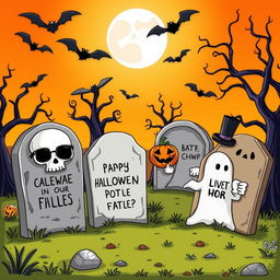 A whimsical cemetery scene featuring humoristic tombstones with funny epitaphs