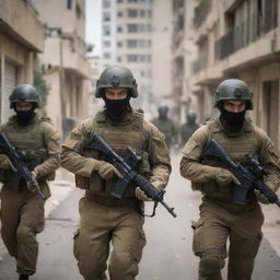 A unit of Israeli soldiers in full combat gear, stern faces under helmets, weapons at the ready, against a backdrop of an urban environment.