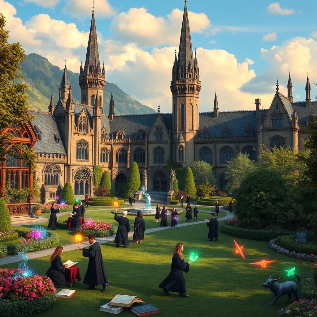 A majestic magical academy situated in a picturesque landscape, featuring grand gothic architecture with towering spires, surrounded by lush greenery and enchanting gardens