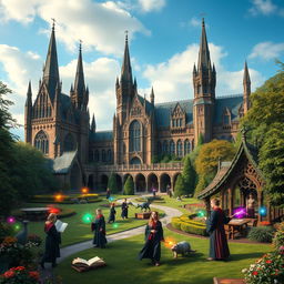 A majestic magical academy situated in a picturesque landscape, featuring grand gothic architecture with towering spires, surrounded by lush greenery and enchanting gardens