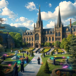 A majestic magical academy situated in a picturesque landscape, featuring grand gothic architecture with towering spires, surrounded by lush greenery and enchanting gardens