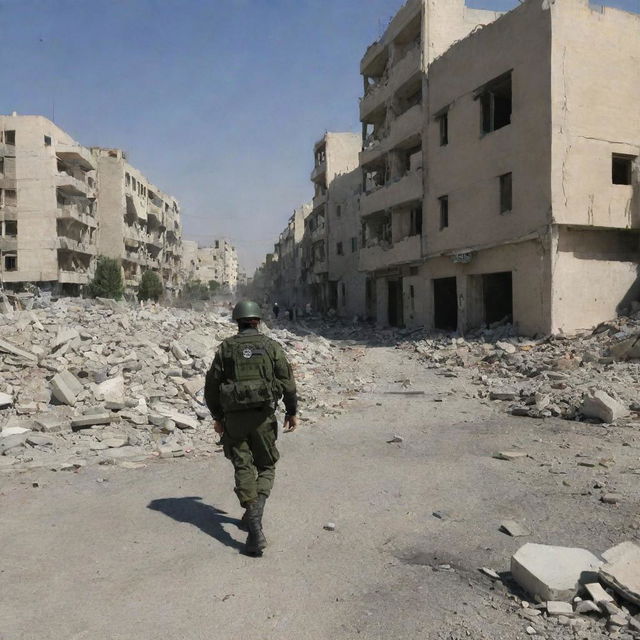 The Israeli military unit advancing remorselessly, chaos and destruction in their wake as the city of Palestine crumbles, buildings in ruins and streets filled with rubble.