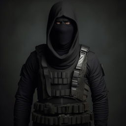 A kidnappers' commander with a plain, emotionless face, dressed in black skeleton attire and a bullet-proof vest, exuding an air of unsettling menace.