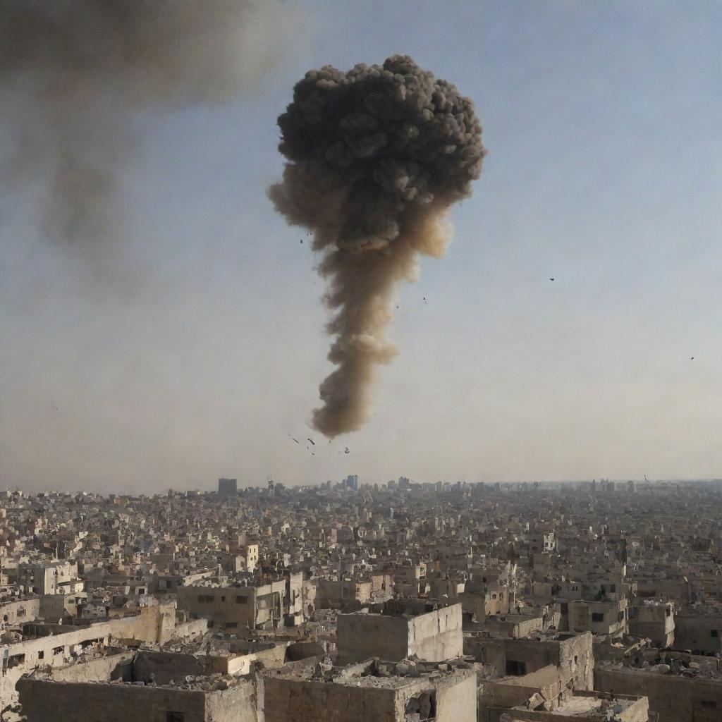 The Israeli military unit as they drop a bomb, the ominous object descending from the sky against a backdrop of destruction and chaos in the city of Palestine.