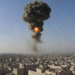 The Israeli military unit as they drop a bomb, the ominous object descending from the sky against a backdrop of destruction and chaos in the city of Palestine.