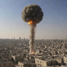 The Israeli military unit as they drop a bomb, the ominous object descending from the sky against a backdrop of destruction and chaos in the city of Palestine.