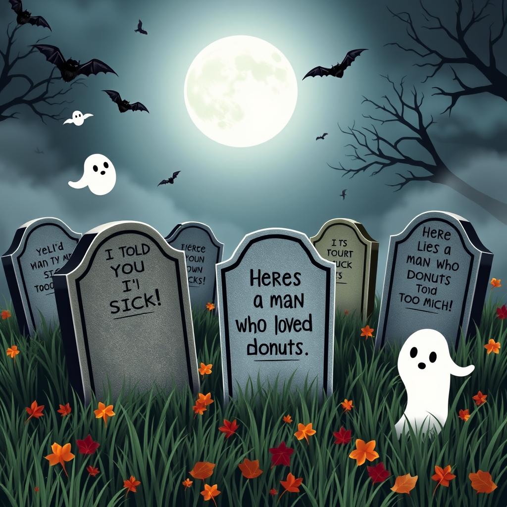 A whimsical and humorous graveyard scene featuring several tombstones with funny epitaphs