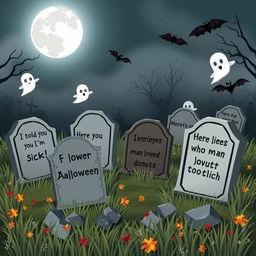 A whimsical and humorous graveyard scene featuring several tombstones with funny epitaphs