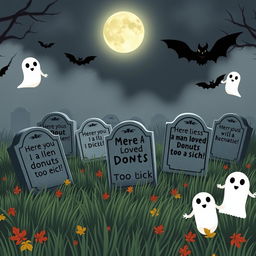 A whimsical and humorous graveyard scene featuring several tombstones with funny epitaphs