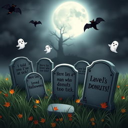 A whimsical and humorous graveyard scene featuring several tombstones with funny epitaphs