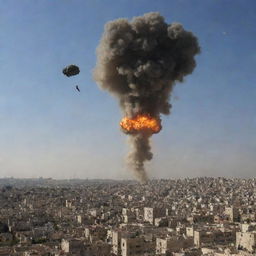 The Israeli military unit as they drop a bomb, the ominous object descending from the sky against a backdrop of destruction and chaos in the city of Palestine.