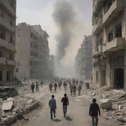 In the midst of destruction and chaos in Palestine, the citizens are seen fleeing, their figures mere specks against a backdrop of a city under siege.