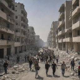 In the midst of destruction and chaos in Palestine, the citizens are seen fleeing, their figures mere specks against a backdrop of a city under siege.