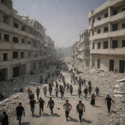 In the midst of destruction and chaos in Palestine, the citizens are seen fleeing, their figures mere specks against a backdrop of a city under siege.