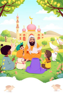 A colorful and engaging illustration for children depicting the teachings of Islam, with a focus on the life of the Prophet Muhammad