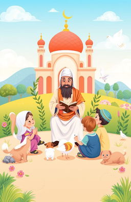 A colorful and engaging illustration for children depicting the teachings of Islam, with a focus on the life of the Prophet Muhammad