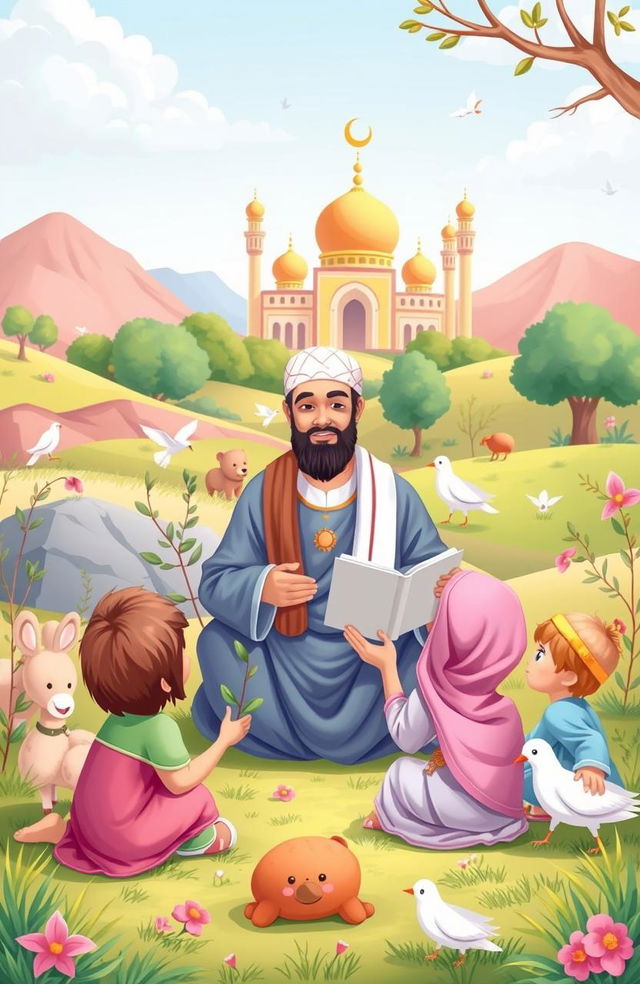 A colorful and engaging illustration for children depicting the teachings of Islam, with a focus on the life of the Prophet Muhammad