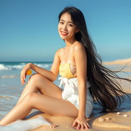 A stunningly beautiful Korean woman, tastefully posed on a sun-drenched beach, with gentle waves lapping at her feet