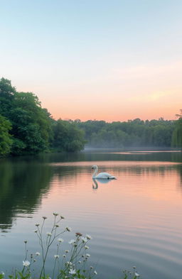 A serene scene of a tranquil lake surrounded by lush green trees with a soft, pastel sunset reflecting on the water