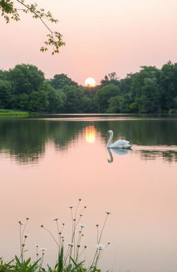 A serene scene of a tranquil lake surrounded by lush green trees with a soft, pastel sunset reflecting on the water
