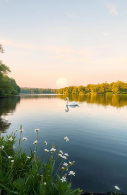 A serene scene of a tranquil lake surrounded by lush green trees with a soft, pastel sunset reflecting on the water