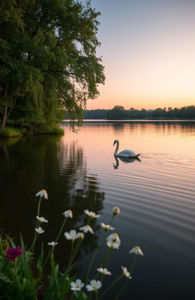 A serene scene of a tranquil lake surrounded by lush green trees with a soft, pastel sunset reflecting on the water