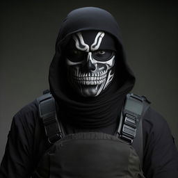 A kidnappers' commander with a plain, emotionless face, dressed in black skeleton attire and a bullet-proof vest, exuding an air of unsettling menace.