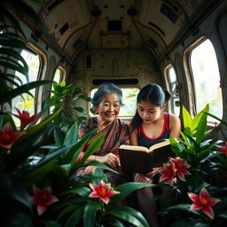 An Asian grandmother and her teenage daughter inside an abandoned airplane surrounded by thick jungle foliage