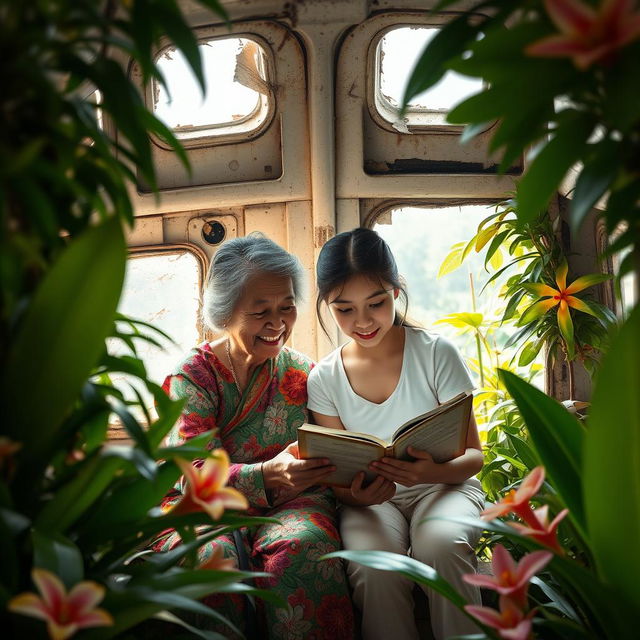 An Asian grandmother and her teenage daughter inside an abandoned airplane surrounded by thick jungle foliage