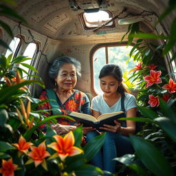 An Asian grandmother and her teenage daughter inside an abandoned airplane surrounded by thick jungle foliage