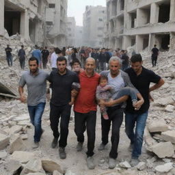 In the face of adversity, Palestinian citizens are shown united. Performing a courageous evacuation of victims amidst the rubble and debris, their spirit and humanity shining through.