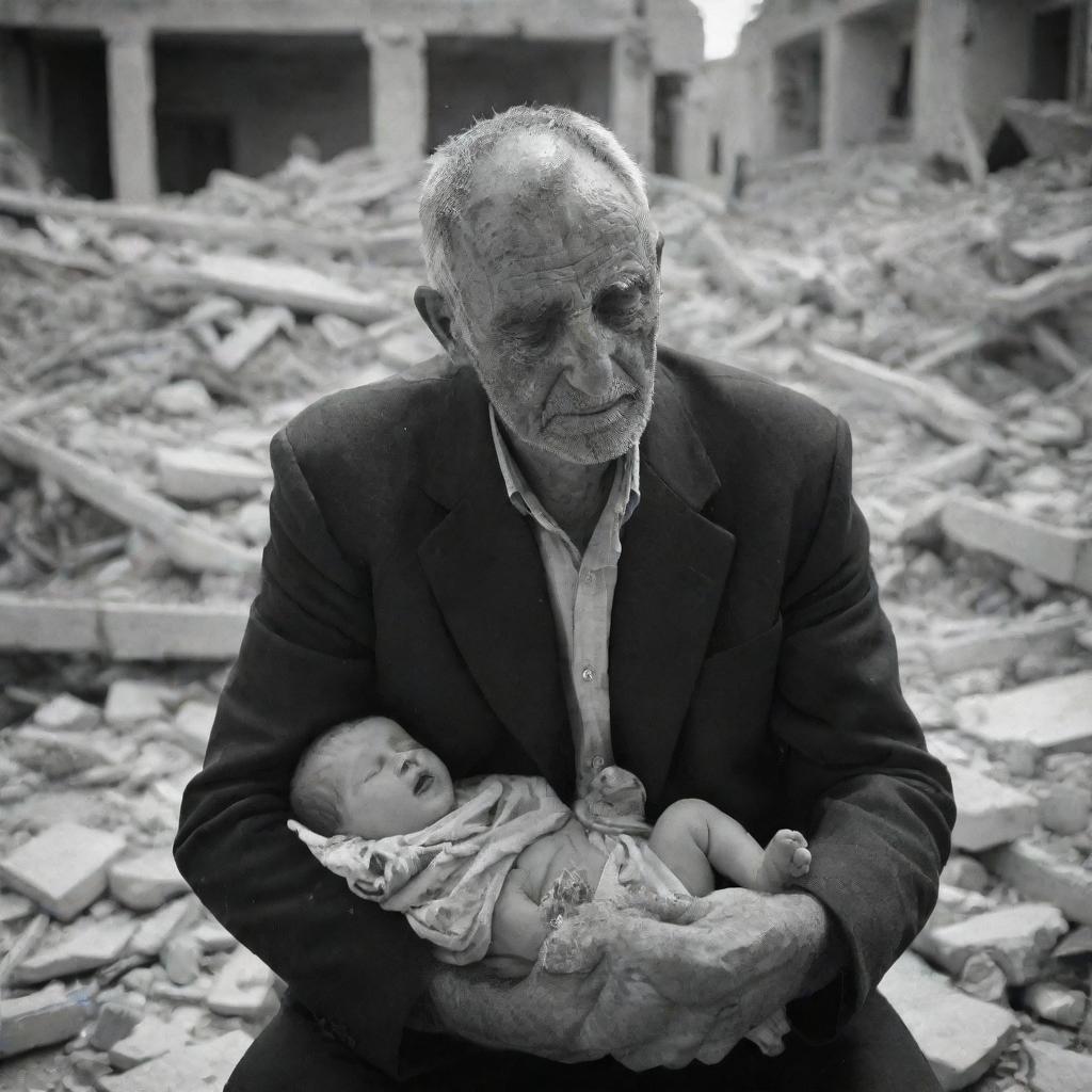 A heartbreaking scene of devastation: a father cradling the lifeless body of his child. His face etched with pain and grief, amidst the rubble of their war-torn home in Palestine. A poignant reminder of the human cost of conflict.