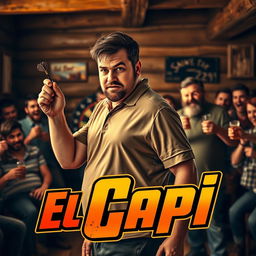 A realistic drama movie scene featuring a 25-year-old dart player, slightly overweight and tall, with very short brown hair and a short beard, dressed in dart sports clothing including a short-sleeve shirt and long pants