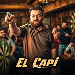A realistic drama movie scene featuring a 25-year-old dart player, slightly overweight and tall, with very short brown hair and a short beard, dressed in dart sports clothing including a short-sleeve shirt and long pants