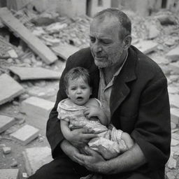 A heartbreaking scene of devastation: a father cradling the lifeless body of his child. His face etched with pain and grief, amidst the rubble of their war-torn home in Palestine. A poignant reminder of the human cost of conflict.