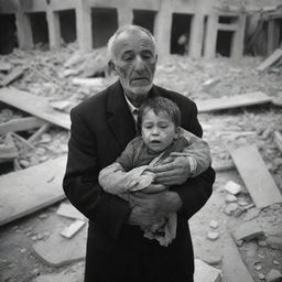 A heartbreaking scene of devastation: a father cradling the lifeless body of his child. His face etched with pain and grief, amidst the rubble of their war-torn home in Palestine. A poignant reminder of the human cost of conflict.