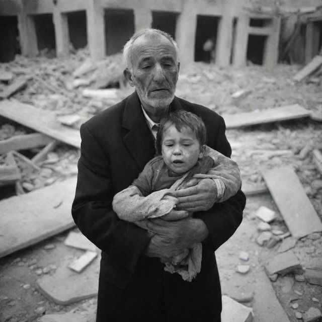 A heartbreaking scene of devastation: a father cradling the lifeless body of his child. His face etched with pain and grief, amidst the rubble of their war-torn home in Palestine. A poignant reminder of the human cost of conflict.