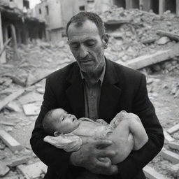 A heartbreaking scene of devastation: a father cradling the lifeless body of his child. His face etched with pain and grief, amidst the rubble of their war-torn home in Palestine. A poignant reminder of the human cost of conflict.