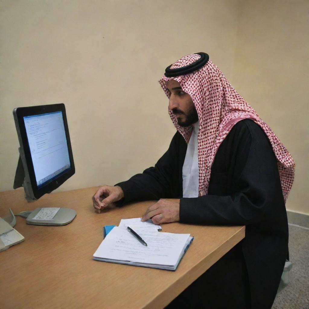 A Saudi doctor in a dark Thobe sitting behind a clinic desk, deeply engrossed in his iPad. The desk hosts a patient register, ajar with listed patient information.