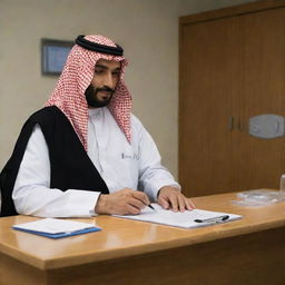 A Saudi doctor in a dark Thobe sitting behind a clinic desk, deeply engrossed in his iPad. The desk hosts a patient register, ajar with listed patient information.