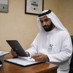 A Saudi doctor in a dark Thobe sitting behind a clinic desk, deeply engrossed in his iPad. The desk hosts a patient register, ajar with listed patient information.