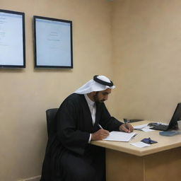 A Saudi doctor in a dark Thobe sitting behind a clinic desk, deeply engrossed in his iPad. The desk hosts a patient register, ajar with listed patient information.