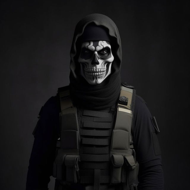 A kidnappers' commander with a plain, emotionless face, dressed in black skeleton attire and a bullet-proof vest, exuding an air of unsettling menace.