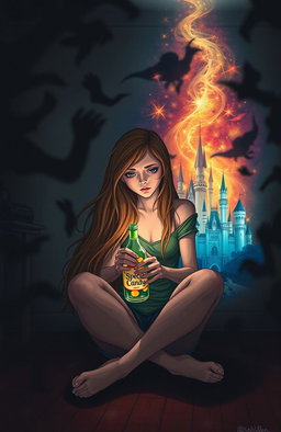 A dramatic and emotional scene depicting Hunter, a young woman with long flowing hair, sitting alone in a dimly lit room filled with shadows of negativity while holding a colorful bottle labeled 'Special Candy'